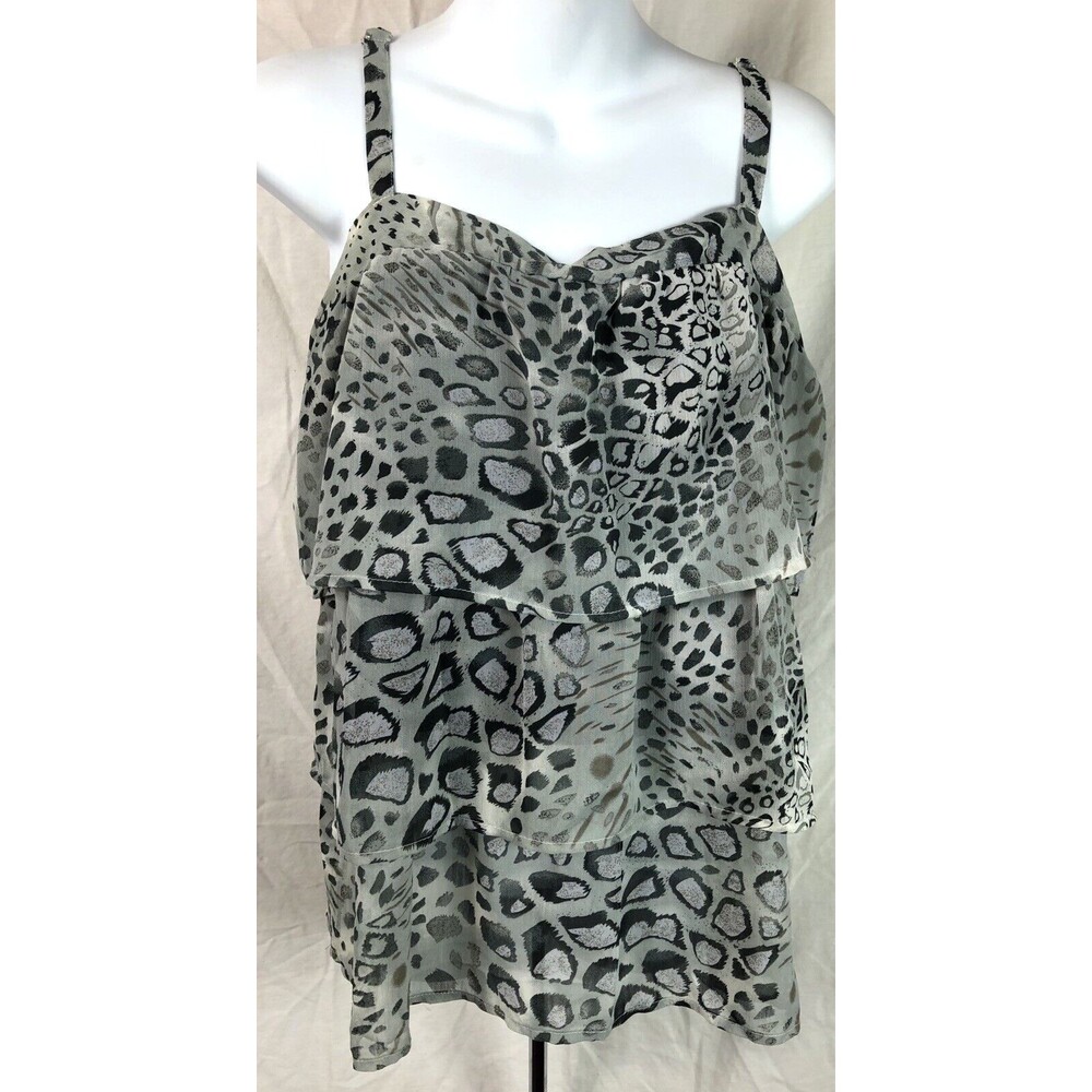 Vintage Sleeveless Chiffon Cami Tank Top M Gray Leopard Layered Tiered Y2K 90s